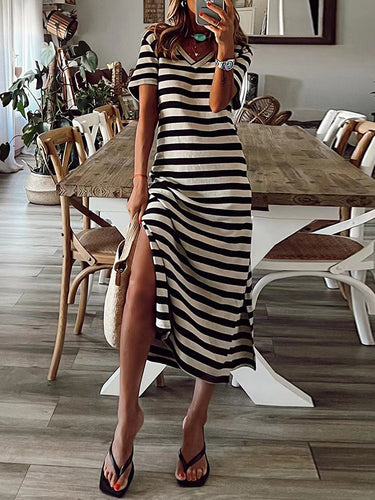Vestidos midi de cuello en V con cuello de rayas de rayas de lado dividido en línea A