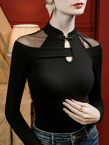 Langhülle Plus Größe hohle Festkörper-Farben Split-Gelenk Mock-Nacken-T-Shirts Tops