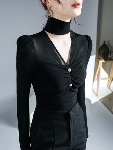 1726404 Long Sleeves Skinny Mesh Pleated Solid Color V-Neck T-Shirts Tops