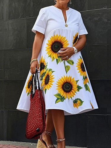 Vestidos midi de cuello en V plisado con estampado de flores suelto de una línea A