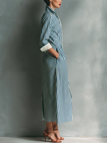 1781569 High Waisted Long Sleeves Buttoned Contrast Color Pockets Split-Joint Striped Lapel Midi Dresses