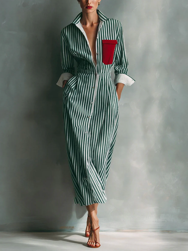 1781568 High Waisted Long Sleeves Buttoned Contrast Color Pockets Split-Joint Striped Lapel Midi Dresses