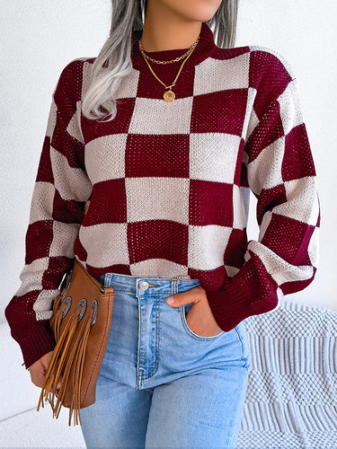 1713654 Long Sleeves Loose Contrast Color Plaid Round-Neck Sweater Tops