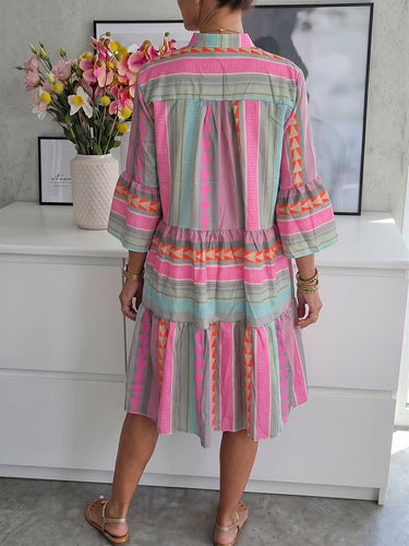 1784316 A-Line Loose Contrast Color Printed Split-Joint V-Neck Mini Dresses