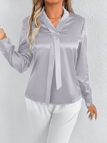 1729006 Long Sleeves Loose Solid Color Split-Joint Streamer Scarf Collar Blouses&Shirts Tops