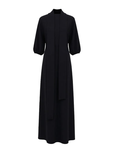 Loose Puff Sleeves Buttoned Split-side Mock Neck Maxi Dresses