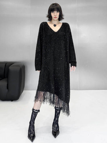 1720285 Irregularity Long Sleeves Contrast Color Sequined Shiny Split-Joint Tasseled V-Neck Midi Dresses Sweater Dresses