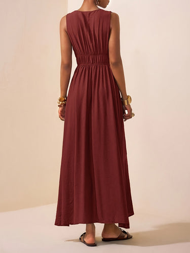 1766660 A-Line Loose Pleated Solid Color Spaghetti-Neck Maxi Dresses