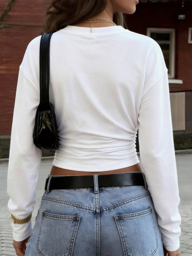 1789307 Solid Color Pleated Elasticity Loose Long Sleeves Round-neck T-Shirts Tops