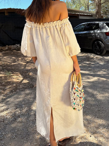 1754827 A-line Long Sleeves Contrast Color Pleated Pockets Printed Split-back Split-Joint Off-the-shoulder Maxi Dresses