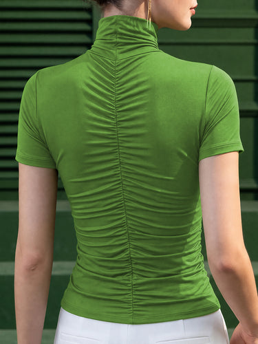 Split-Joint Solid Color Ruched Skinny Short Sleeves High-neck T-Shirts Tops