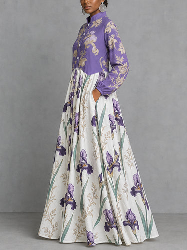 Split-Joint Ruched Pockets Flower Print Contrast Color Buttoned Loose Long Sleeves Stand Collar Maxi Dresses
