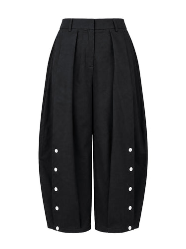 Pockets Pleated Contrast Color Buttoned Wide Leg High Waisted Trousers Pants