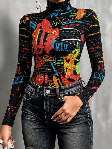 Printed Letter Print Contrast Color Skinny Long Sleeves Mock Neck T-Shirts Tops