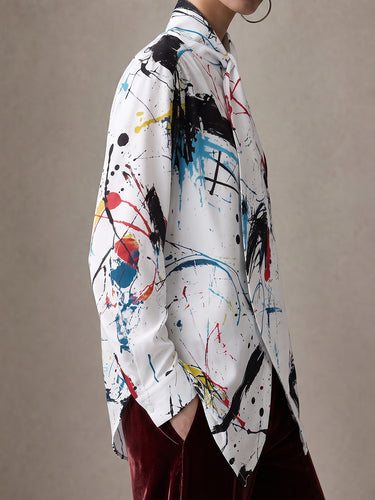 Split-Joint Printed Loose Long Sleeves Stand Collar Blouses&shirts Tops