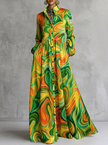 Printed Pockets Pleated Contrast Color Loose Long Sleeves Stand Collar Maxi Dresses