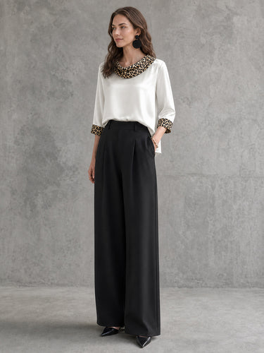 Split-Joint Leopard Contrast Color Three-quarter Sleeves Loose Heaps Collar Blouses&shirts Tops
