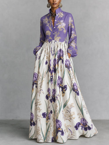 Split-Joint Ruched Pockets Flower Print Contrast Color Buttoned Loose Long Sleeves Stand Collar Maxi Dresses