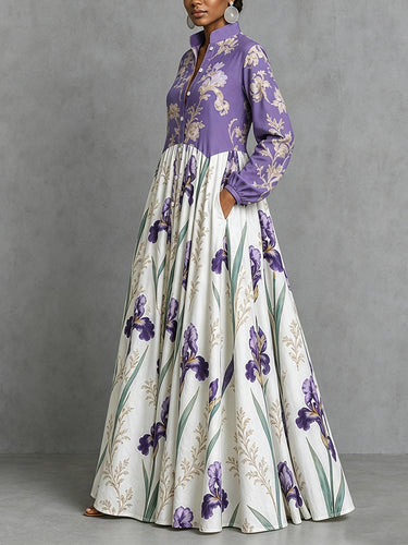 Split-Joint Ruched Pockets Flower Print Contrast Color Buttoned Loose Long Sleeves Stand Collar Maxi Dresses