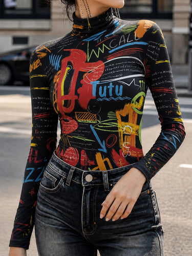 Printed Letter Print Contrast Color Skinny Long Sleeves Mock Neck T-Shirts Tops