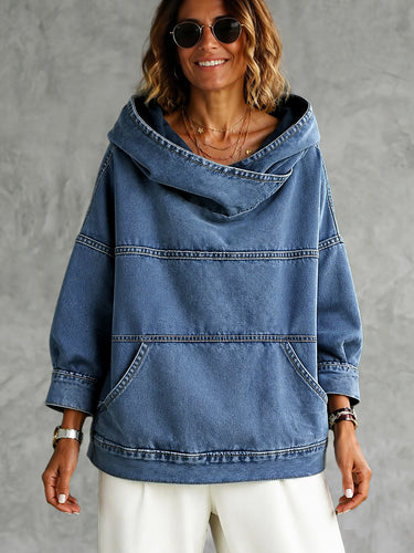 Split-Joint Solid Color Pockets Loose Long Sleeves Hooded Hoodies&sweatshirt Tops