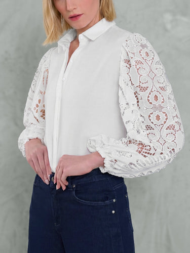 Long Sleeves Loose Buttoned Hollow Solid Color Split-Joint Lapel Blouses&shirts Tops