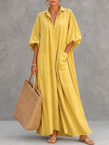Solid Color Pockets Buttoned Puff Sleeves Half Sleeves Lapel Shirt Dress Maxi Dresses