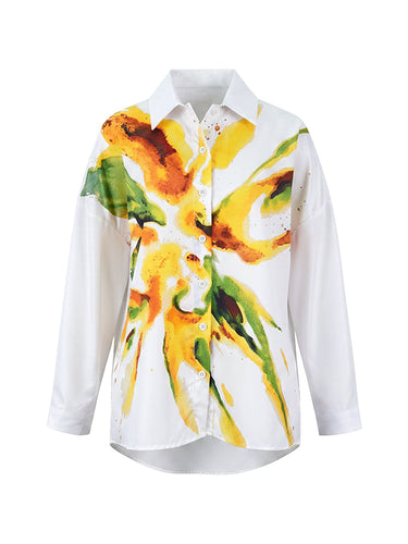 Blusas de manga larga asimétricas con botones, estampado floral en color de contraste y solapa.&Sblusas