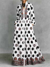 Polka-Dot Pockets Pleated Contrast Color Buttoned Big Hemline Puff Sleeves Loose Stand Collar Maxi Dresses