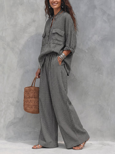 Pockets Plaid Contrast Color Buttoned Three-quarter Sleeves Loose V-neck Blouses&shirts Tops