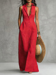 A-Line High Waisted Buttoned Pockets Solid Color Lapel Maxi Dresses Shirt Dress
