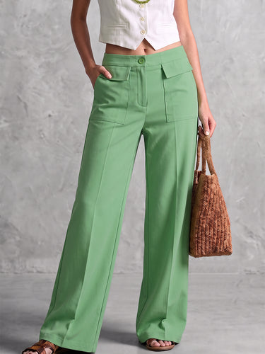 Solid Color Pockets Elasticity Buttoned Wide Leg High Waisted Trousers Pants