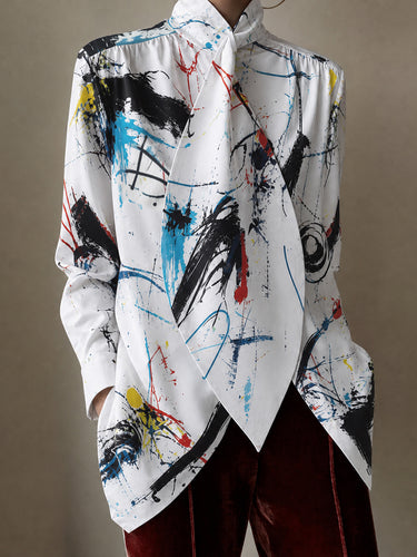 Split-Joint Printed Loose Long Sleeves Stand Collar Blouses&shirts Tops