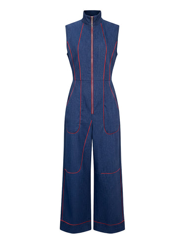 Jumpsuits met hoge taille, mouwloze zakken, ritssluiting en opstaande kraag