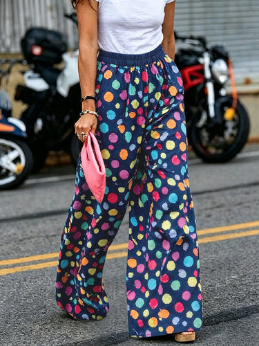 Pantalones de lunares con bolsillos elásticos de color en contraste de pierna ancha de talle alto Pantalones