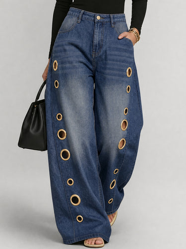 Split-Joint Pockets Hollow Geometric Buttoned Wide Leg Loose Jean Pants Bottoms