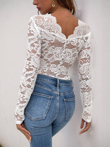 1768552 Long Sleeves Skinny Hollow Solid Color V-Neck Bodysuits