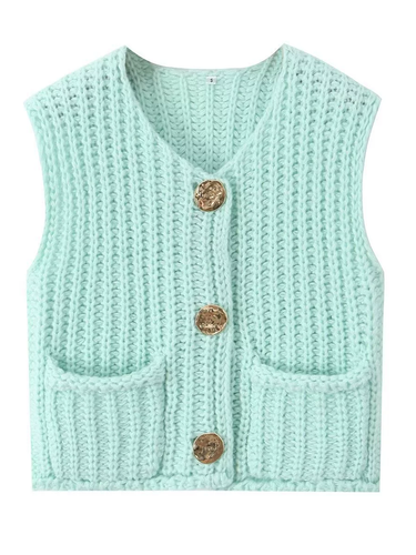 1783586 Sleeveless Buttoned Pockets Solid Color Cardigan Tops Knit Top