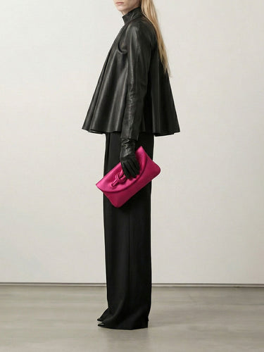 A-line Long Sleeves Big Hemline Solid Color Stand Collar Leather Top