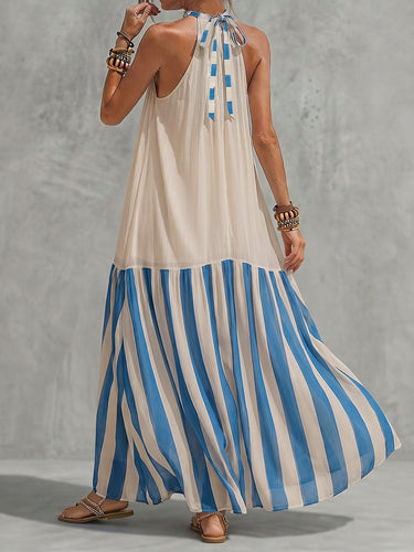 Vestidos maxi listrados listrados em linha A com cor contrastante e plissada
