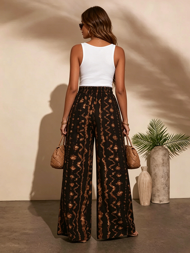 1778230 Wide Leg Contrast Color Elasticity Pockets Printed Tie Dye Pants Trousers