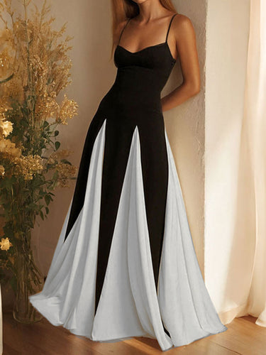 1785368 A-Line High Waisted Contrast Color Split-Joint Spaghetti-Neck Maxi Dresses