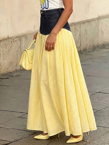 1779241 A-Line High Waisted Contrast Color Pleated Pockets Split-Joint Skirts Bottoms