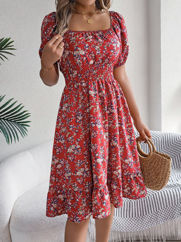 1783908 A-Line Short Sleeves Contrast Color Elasticity Flower Print Ruffle Trim Split-Joint Square-Neck Midi Dresses