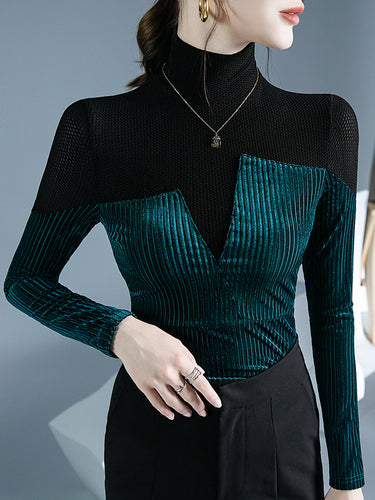 1726661 Long Sleeves Skinny Contrast Color Split-Joint High Neck T-Shirts Tops