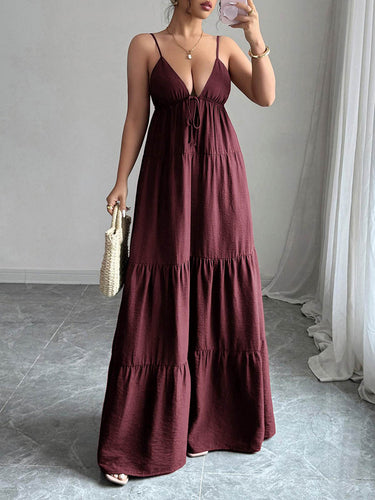 1766188 A-Line Sleeveless Backless Drawstring Pleated Solid Color Spaghetti-Neck Maxi Dresses