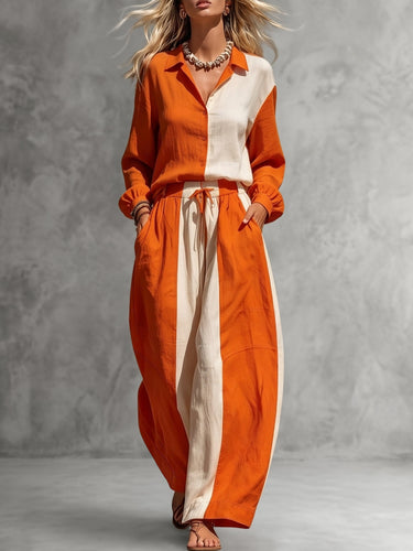 1782662 High Waisted Wide Leg Contrast Color Drawstring Elasticity Pockets Pants Trousers