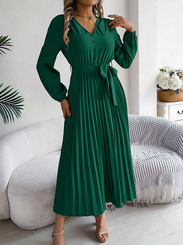 1713854 High Waisted Long Sleeves Belted Buttoned Pleated Solid Color V-Neck Maxi Dresses