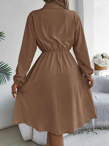 1756184 A-line Long Sleeves Buttoned Pleated Solid Color Tied Lapel Midi Dresses Shirt Dress