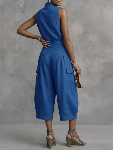 1772489 High Waisted Wide Leg Pleated Pockets Solid Color Ninth Pants Trousers